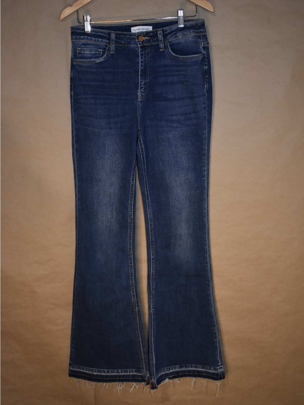 Flying Monkey Size 29 High Rise Flare Jeans Dark Wash Raw Hem Stretch